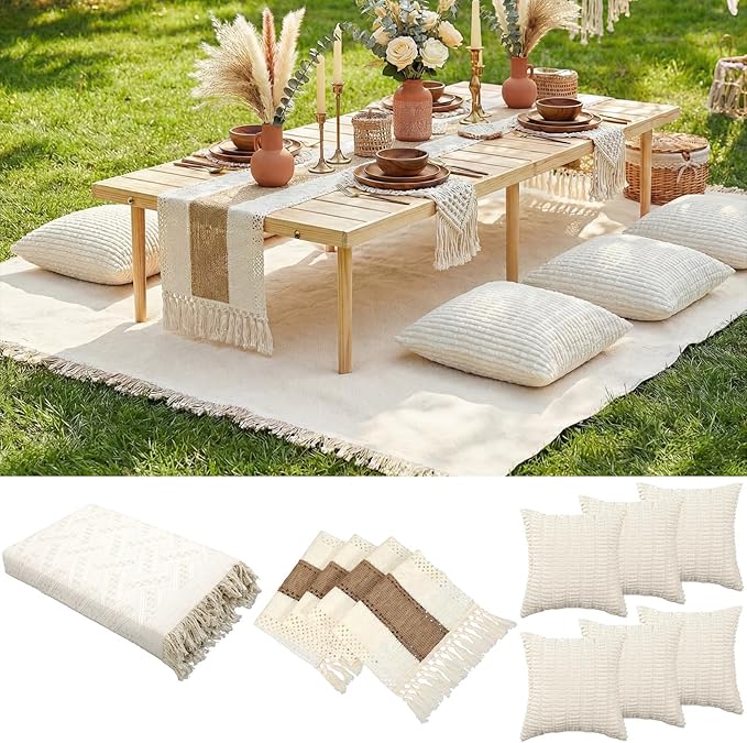 Extra Large Outdoor Boho Picnic Blanket 91'' x 71'' Cream White Table Runner 6 Throw Pillow Cover Woven Cotton Yarn Oversize Beach Blanket Washable for Picnic Camp Wedding