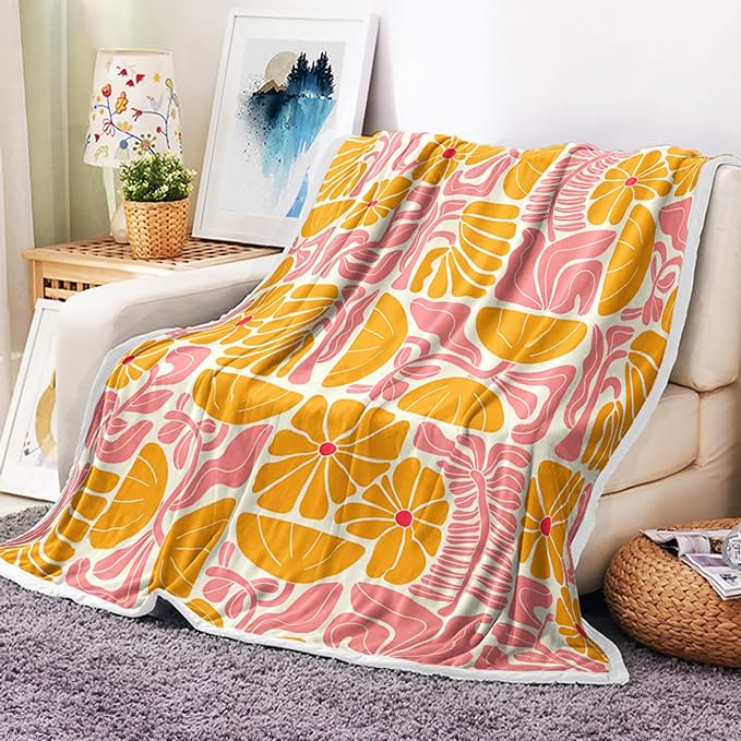 Boho Abstract Colorful Floral Throw Blanket, Vintage Retro Patchwork Orange Pink Flower Botanical Geometric Aesthetic Groovy Flannel Throw Blanket for Chair Bed Sofa Couch, 60X80IN