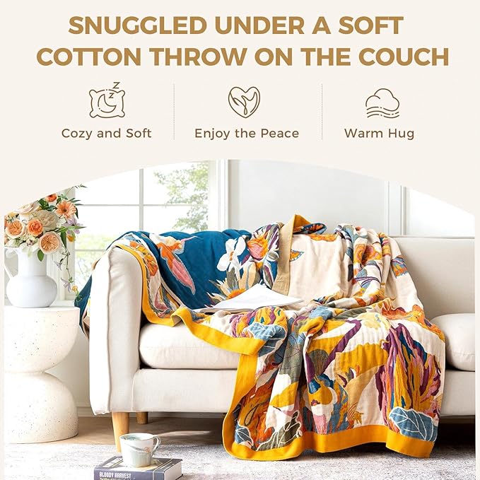 Boho Throw Blanket 100% Cotton Soft Bed Throw Twin Lightweight Spring Blanket Floral Bird and Butterfly Room Decor Breathable Bed Blankets,60"x80" All Season Reversible Blankets for Sofa Couch Chair