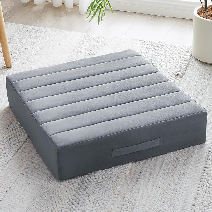 22 inches Floor Pillow for Adults - Large Meditation Cushion with Thick Foam & Soft Tufted Cover - Premium Outdoor Square Floor Cushion Seat - Yoga Pillows for Sitting On Floor - Dark Gray