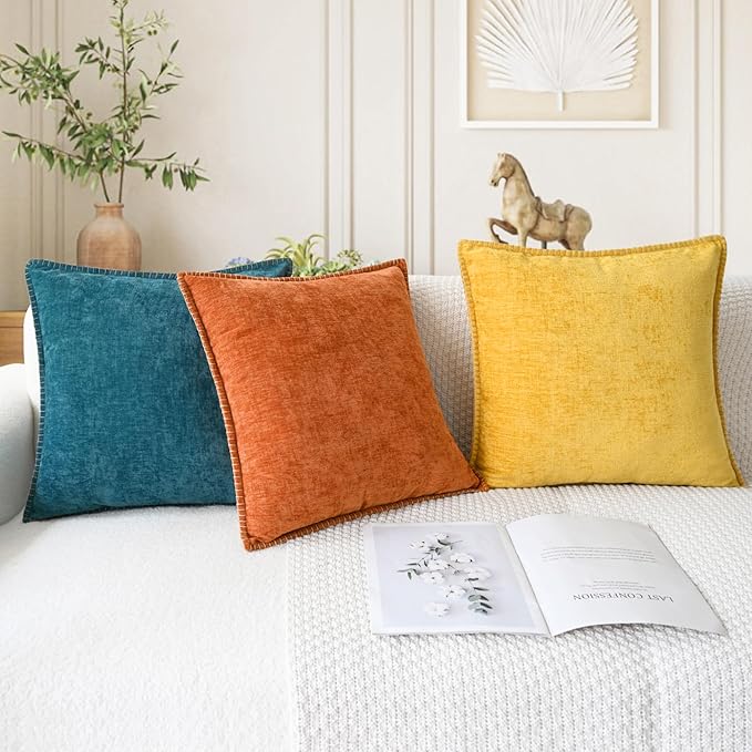CaliTime Throw Pillow Covers Decorative 12 X 20 Inches Pack of 2 Cotton Thread Stitching Edges Solid Dyed Soft Chenille Cushion Cases for Couch Sofa Bed Living Room Farmhouse Mustard Yellow