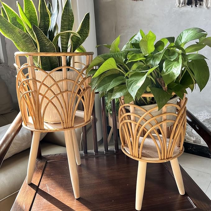 Wnvivi Raised Wooden Planter Stand,Handwoven Boho Flower Pot on Wooden Standing Legs,Tall Floor Plant Display Holder Basket for Living Room Decor(S)