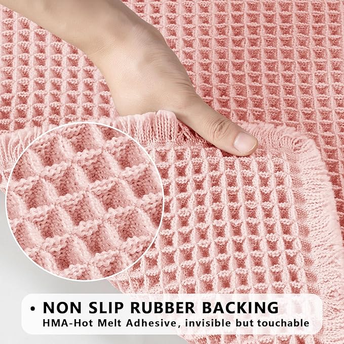 MIULEE Set of 2 Waffle Bathroom Rugs, Boho Bath Rugs Non Slip Washable, Super Absorbent Bath Mats, Ultra Soft Rubber Backed Shower Mats for Bathroom Floor, Tub, Pink, 17"x24"+18"x30"