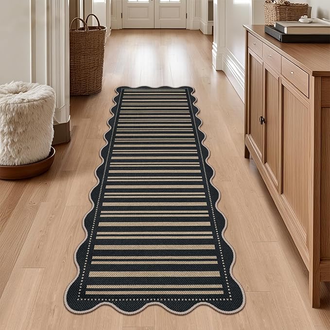 Striped Easy Jute Runner Rug, 2x6 Kitchen Rug Non Slip Washable Outdoor Runner for Entryway Indoor, Farmhouse Black Indoor Outdoor Carpet for Hallway Porch Laundry