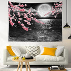 LB Pink Cherry Blossom Tapestry Full Moon with Grey Cloud in Night Sky Wall Tapestry Black Ocean Scenery Tapestries for Bedroom Living Room Dorm Wall Decor,78x60 inches