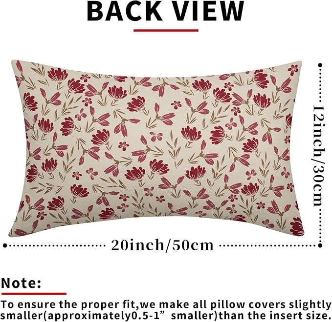 Brown Red Floral Pillow Covers 12x20 Set of 2 Vintage Rustic Old Style Cute Small Flower Print Rectangle Decorative Outdoor Pillowcases Farmhouse Throw Cushion Case Decor for Couch Sofa Bed