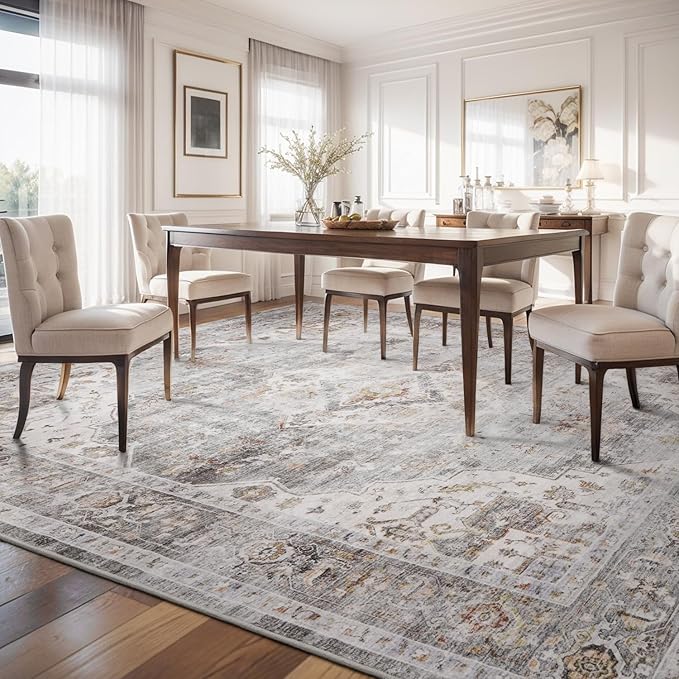 AMOAMI-Area Rug 6X9 Rugs for Living Room-Vintage Soft Grey Rugs for Bedroom-Non Slip Carpet-Machine Washable Rug for Dining Room Living Room Bedroom Office Under Table