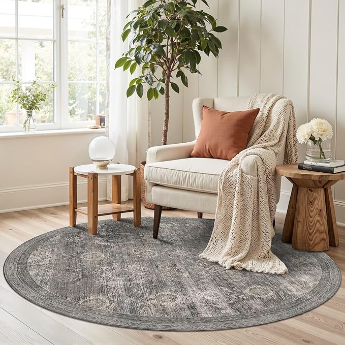 4ft Circle Rug, Soft Round Rug, Washable Non Slip Boho Area Rug for Living Room, Bedroom, Dining Room, Entryway, Round Rugs for Home, Patio, Office, Kids Room, Coral(Grey/Taupe)