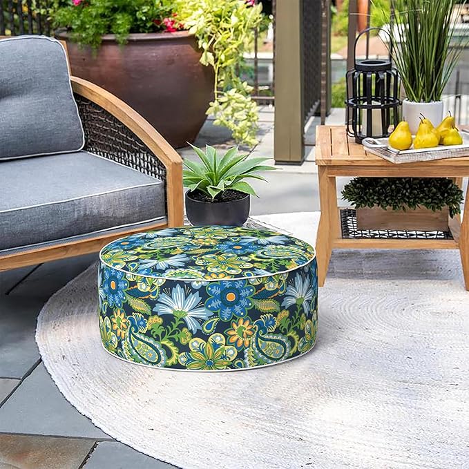 TWELAR Indoor/Outdoor Inflatable Ottoman with Handle, Decorative Fade-Resistant Round Footstool D21 x H9 inch, Portable Ottoman Pouf for Patio Garden Camping, Flower Child