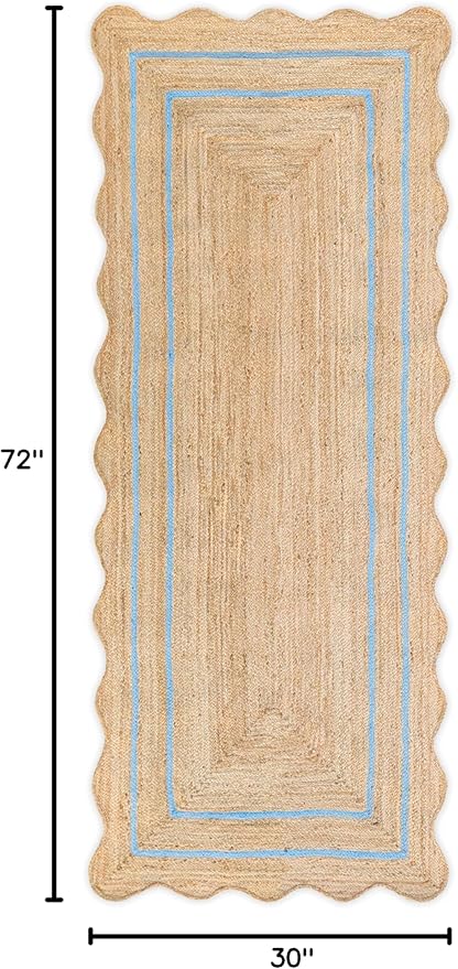 Wave Scalloped Natural Jute Runner, Sky Blue (2'6"x6'): Boho Farmhouse Entryway Scallop Rug