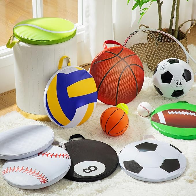8 Pcs Sports Kids Floor Cushions for Classroom Flexible Round Seating Pillow Soft Waterproof with Handle Basketball Football Soccer Baseball Pattern for Sports Theme Birthday Party Decorations