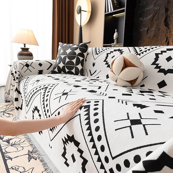 VClife Bohemian Sofa Cover Extra Large Couch Cover for 3-4 Cushion Couch Sofa, Black and White Aztec Geometric Chenille Sofa Slipcover for Home Decor 71" X 150"