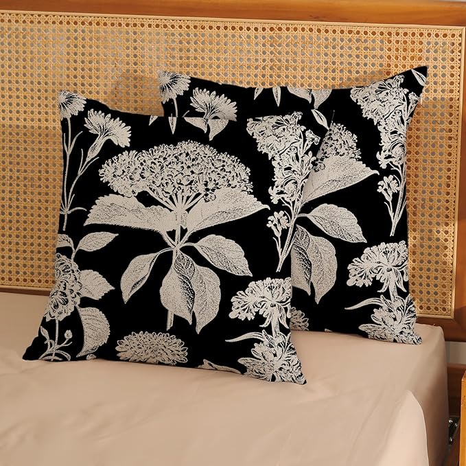 Black Pillow Covers 20x20 Inch Set of 2 Vintage Boho Floral Hydrangea Herbs Botanical Throw Pillows Outdoor Flower Decoration Pillowcase Linen Farmhouse Cushion Case Decorative for Couch Sofa
