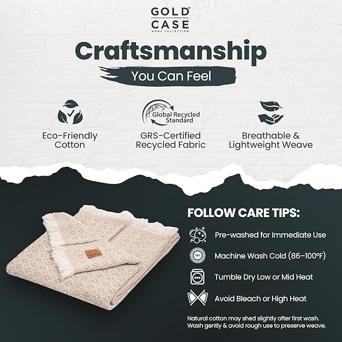 GOLD CASE Throw Blanket for Couch - 100% Recycled Turkish Cotton Blankets & Throws - Retro Soft Throw Blankets for Living Room - Boho Decorative Woven Couch Blanket - 50x60 - Beige