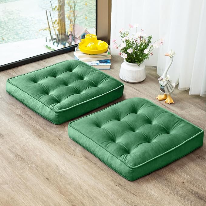 Floor Pillow Set of 2, Memory Foam Meditation Cushion, Floor Cushions for Adults Sitting, Large Square Seat Cushions for Yoga, Living Room, 22x22 Inch (Green)