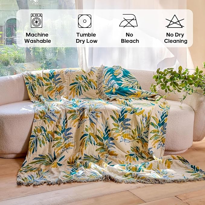 Boho Throw Blanket 50"x60" 100% Cotton Couch Tassel Blanket with Leaf Pattern,Soft Breathable Lightweight Spring Decorative Reversible Blankets for Sofa Bed Decor All Season