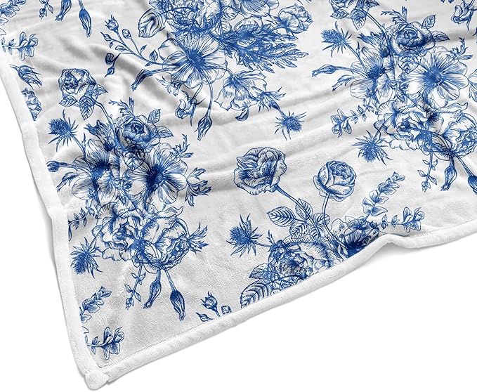 Blue Floral Throw Blanket, Botanical Floral Blanket, Soft, Flannel, Warm, Boho Floral Aesthetic Bed Blanket All Season Floral Throw Blanket for Couch Bedroom Living Room 60X70 Inch