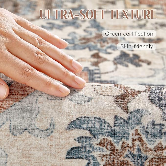 Washable Rug 10x14 Area Rugs: Boho Vintage Distressed Oriental Medallion Neutral Thin Large Rug Carpet for Living Room Bedroom Dining Room Home Office Decor - Camel