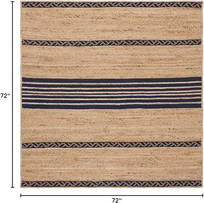 SAFAVIEH Natural Fiber Collection Area Rug - 6' Square, Natural & Navy, Handmade Stripe Boho Farmhouse Rustic Braided Jute, Ideal for High Traffic Areas in Living Room, Bedroom (NFB262N)