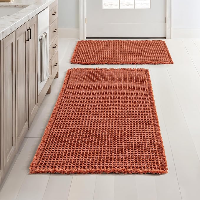 MIULEE Orange Set of 2 Waffle Bathroom Rugs, Boho Bath Rugs Non Slip Washable, Super Absorbent Bath Mats, Ultra Soft Rubber Backed Shower Mats for Bathroom Floor, Tub, 17"x24"+18"x30"