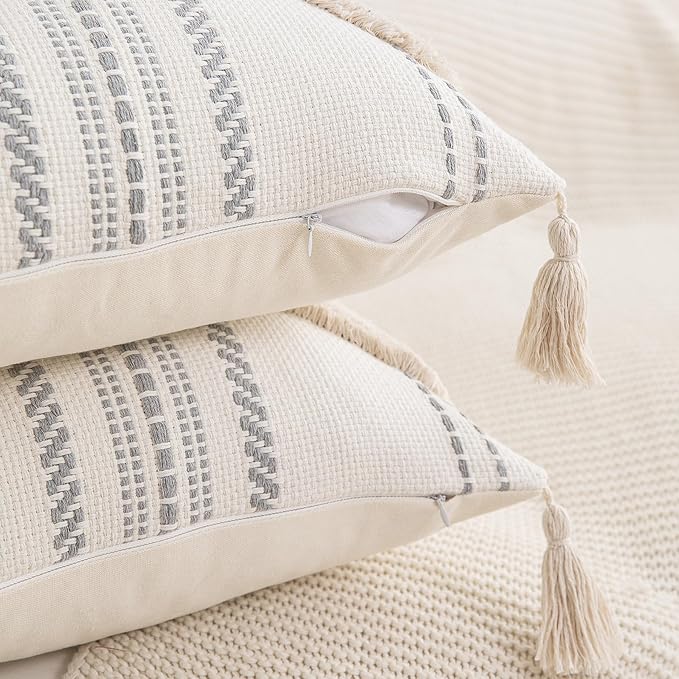 Boho Throw Pillow Covers 12x20 Set of 2 Cotton Woven Tufted Farmhouse Lumbar Pillows Covers with Tassels Outdoor Neutral Decorative Pillowcases Rectangle Textured Accent Cushion for Couch Bed Sofa