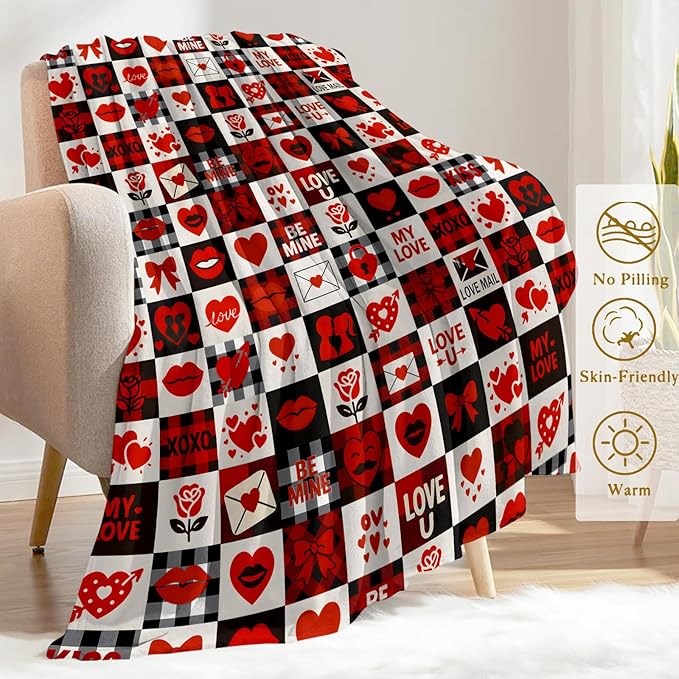 Valentine’s Day Decorative Throw Blanket Gifts for Mom, Wife, Buffalo Plaid Red Red Heart Lip Rose Love Letter Decoration Fleece Blankets for Couch Bed Sofa, Romantic Decor, 60x80 Inch