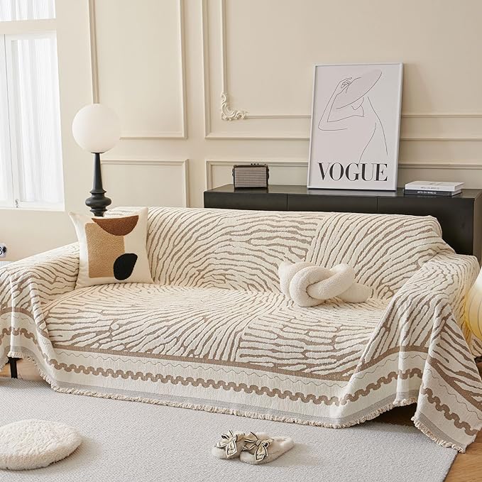 ROOMLIFE Thicked Striped Couch Cover with Tassel Khaki Chenille Sofa Cover Blanket for Sectional Sofa, Soft Sofa Slipcovers for L Shaped Love Seat 2-3 Cushion Couch Anti Slip Sofa Protector, 71"x150"