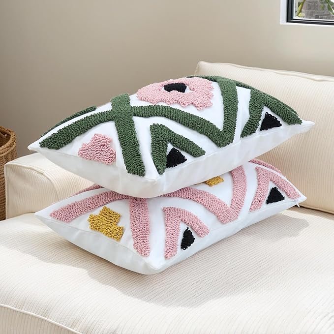 Boho Accent Lumbar Pillow Covers 12x20 - Tufted Abstract Modern Throw Pillow Covers, Farmhouse Decorative Pillowcase for Couch, Sofa, Bed, Living Room -Green Pink Black Geometric