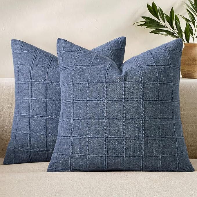 Woaboy Linen Check Throw Pillow Covers Set of 2 - Blue Farmhouse Modern Boho Vintage Euro Decorative Cushion Covers for Sofa Couch Bedroom Living Room Decor 24x24 Inch