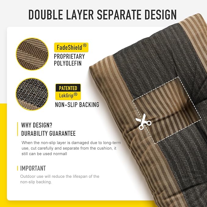SUNROX LokGrip Non Slip Tufted Memory Foam Bench Cushion, FadeShield Water Resistant Durable Thicken Outdoor/Indoor Bench Seat Pads 48x16x4 inch, Cocoa Stripe