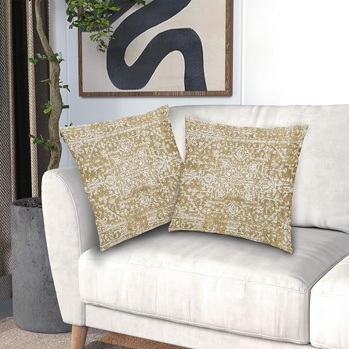 Tan Brown Gray Boho Throw Pillow Covers 22x22 Inch Decorative Square Bohemian Carpet Pattern Ethnic Pillow Cases Rustic Vintage Rug Cushion Covers Farmhouse Home Decor For Sofa Couch Outdoor Set of 2