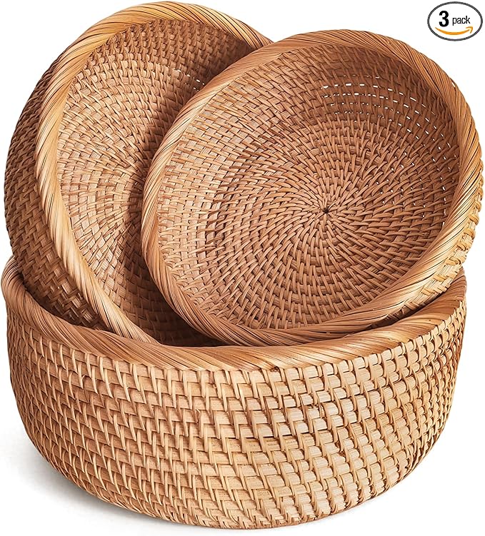 Rattan Fruit Basket for Kitchen Counter, Natural Wicker Bread Basket for Serving, Hand Woven Food Baskets, Decorative Bread Baskets for Serving, Fruits, Snacks, Candies, Nuts, Keys, Etc.(Round-Combo)