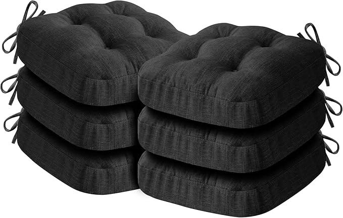 Chair Cushions for Dining Chairs, Dining Chair Cushions, Tufted Indoor Chair Pads with Ties & Non Slip Backing, Seat Cushions for Kitchen Chairs 16.5” x 16.5” x 3.5”, Set of 6, Black