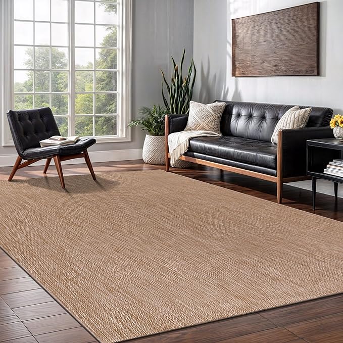Washable Indoor Outdoor Rug 5x7 Weather Resistant Area Rugs Modern Solid Jute Rug for Porch Deck Balcony Backyard Patio Outside Carpet (5 X 7 Jute Beige)