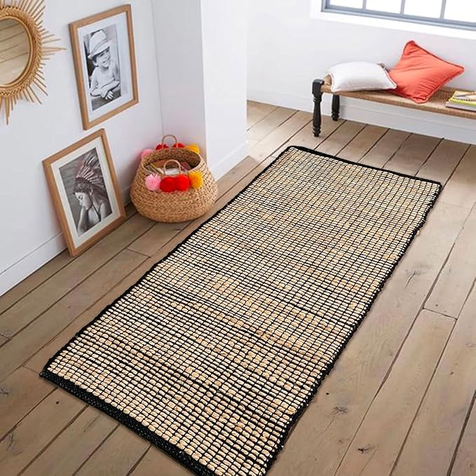 Chardin home 2x5 Jute Cotton Hand Woven Runner Rug | Braided Hallway Rug, Boho Rustic Style, Natural Jute/Black | Farmhouse Vintage Rugs for Entryway, Hallway, Foyer, or Kitchen
