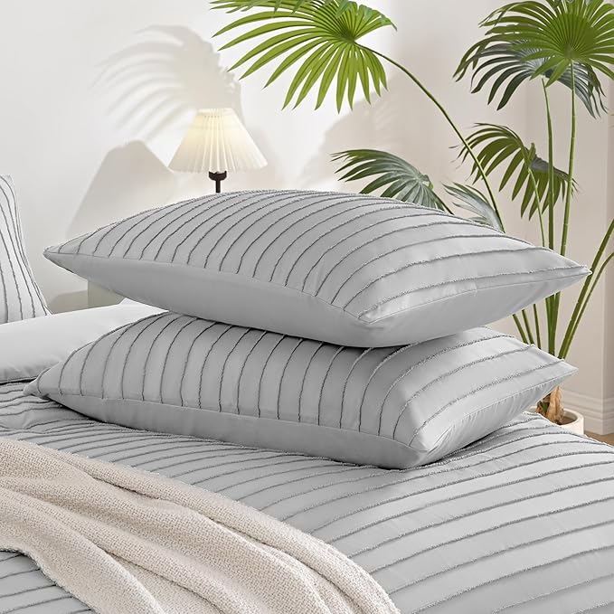 JELLYMONI Pillowcases Standard Size Light Grey 2 Pack Boho Striped Bed Pillow Covers 20x26in Polyester Envelope Pillow Shams Tufted Bohemian Textured (Pillows are not Included)