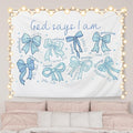 AQYIP Light Blue Bows Coquette Tapestry, God Says I Am Inspirational Bible Verse Tapestry, Blue Girly Christian Wall Blanket Decor for Girls Room Dorm Apartment, 50x60 Inch