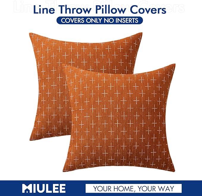 MIULEE Pack of 2 Decorative Burlap Linen Throw Pillow Covers Modern Farmhouse Pillowcase Rustic Woven Textured Cushion Cover for Sofa Couch Bed 18x18 Inch Rust