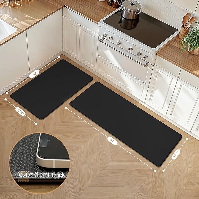 GENIMO Kitchen Mats for Floor 2PCs, Washable Anti Fatigue Mat for Cushioned, 17.3"x47"+17.3"x30", Waterproof Kitchen Rugs, Non Slip Comfort Standing Mat Rug for Home, Sink, Laundry, Pure Black