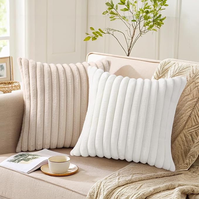Pallene Faux Fur Plush Throw Pillow Covers 18x18 Set of 2, Luxury Soft Fluffy Striped Decorative Pillow Covers for Sofa, Couch, Living Room, Apricot