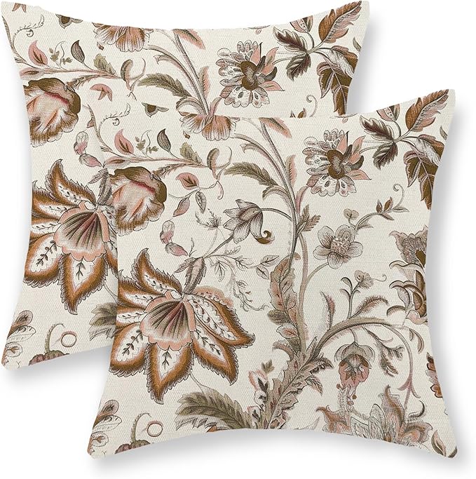 Brown Pillow Covers 20x20 Set of 2 Brown Chinoiserie Floral Throw Pillows Boho Vintage Flowers Decorative Pillow Cases Outdoor Chinoiserie Decor Farmhouse Linen Cushion Cover for Couch Sofa