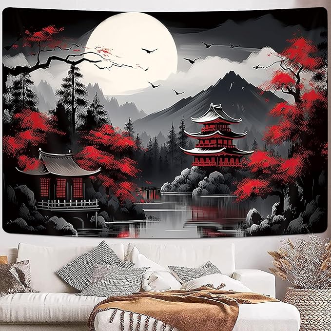 Mountain Forest Nature Tapestry for Bedroom, Black and White Moon Landscape Wall Hanging, Tree Sunset Dark Large Asia Japanese Tapestries Aesthetic Anime Art Decor for Living Room College Dorm, 40x30