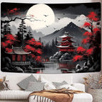 Mountain Forest Nature Tapestry for Bedroom, Black and White Moon Landscape Wall Hanging, Tree Sunset Dark Large Asia Japanese Tapestries Aesthetic Anime Art Decor for Living Room College Dorm, 80x60