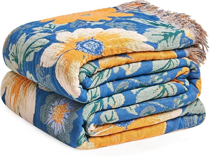 Boho Throw Blanket - 100% Cotton Ultra Soft Muslin Spring Blanket, 50"x60" Lightweight Floral Bird Framhouse Bedding Blanket for Bed, All Season Blue Bohemian Bedroom Home Decor Quilt