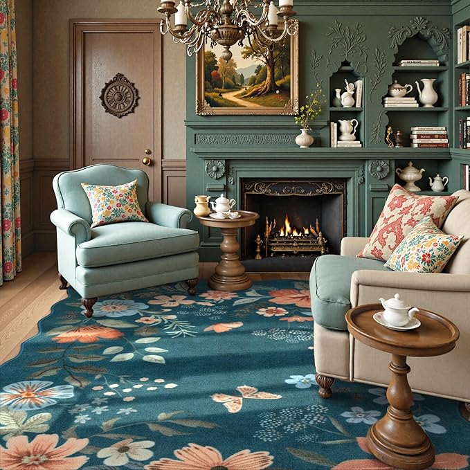 Lahome Floral Washable 6x9 Area Rugs, Soft Bedroom Rug for Living Room Ultra-Thin Non Slip Dining Room Rug, Stain Resistant Boho Blue Rugs Throw Carpet for Office Flore (6'x9',Navy Blue)