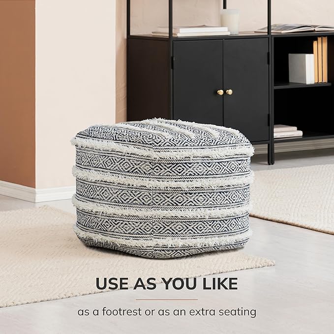 Anji Mountain Pouf Ottoman Foot Rest, Handmade Ottoman Pouf, Comfortable Foot Stool, Decorative Floor Seating for Living Room Decor, Bedroom & Home Décor Accent - Carbon Fringe