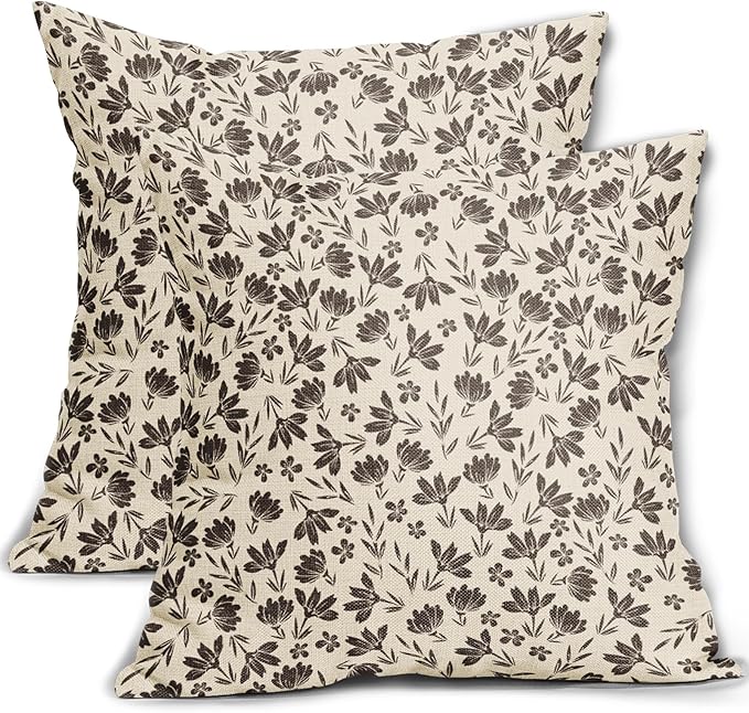 Dark Brown Floral Pillow Covers 18x18 Set of 2 Vintage Rustic Old Style Cute Small Flower Print Decorative Outdoor Pillowcases Farmhouse Throw Cushion Case Decor for Couch Sofa Bed