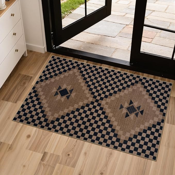 LIVEBOX Easy Jute Checkered Washable Entryway Rug 2x3, Non Slip Ultra Thin Front Door Mat Indoor Entrance, Farmhouse Small Kitchen Rug No Shed Jute Rugs Carpet for Hallway Bedroom Bathroom