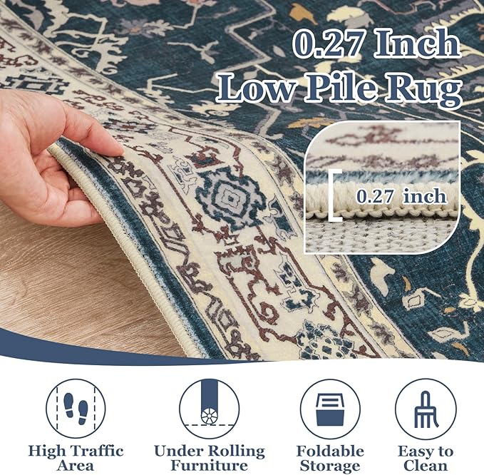 Vintage Round Rugs 6ft, Low Pile Thin Circle Area Rugs for Bedroom Living Room Washable Non Slip, Vintage Medallion Distressed Round Carpet for Kitchen Dining Room, Deep Blue/Multi