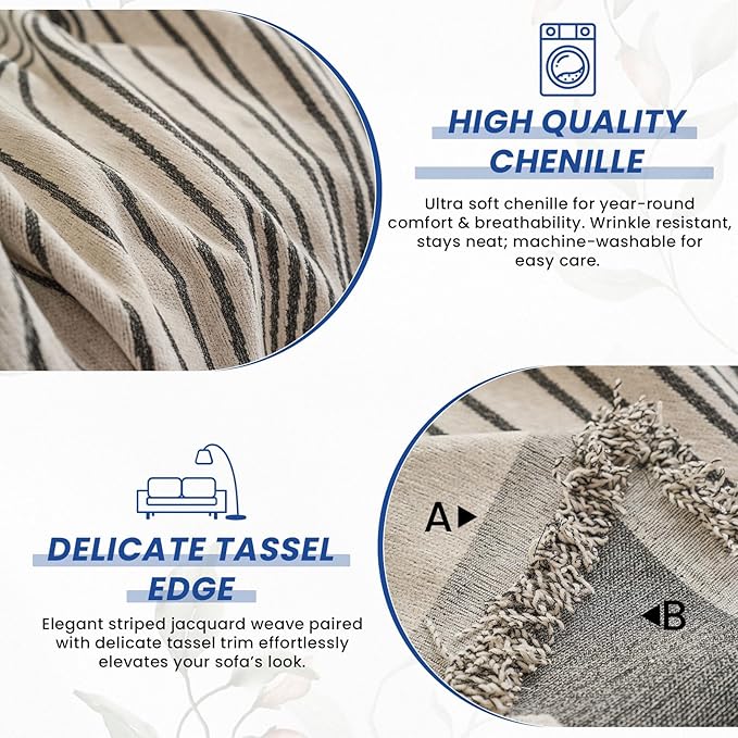 VClife XXL Sofa Cover Chenille Couch Cover for 3 Cushion Couch Sofa, Modern Beige Gray Striped Couch Covers for Kids Washable Sectional Sofa Protector with Tassel 71"X150"